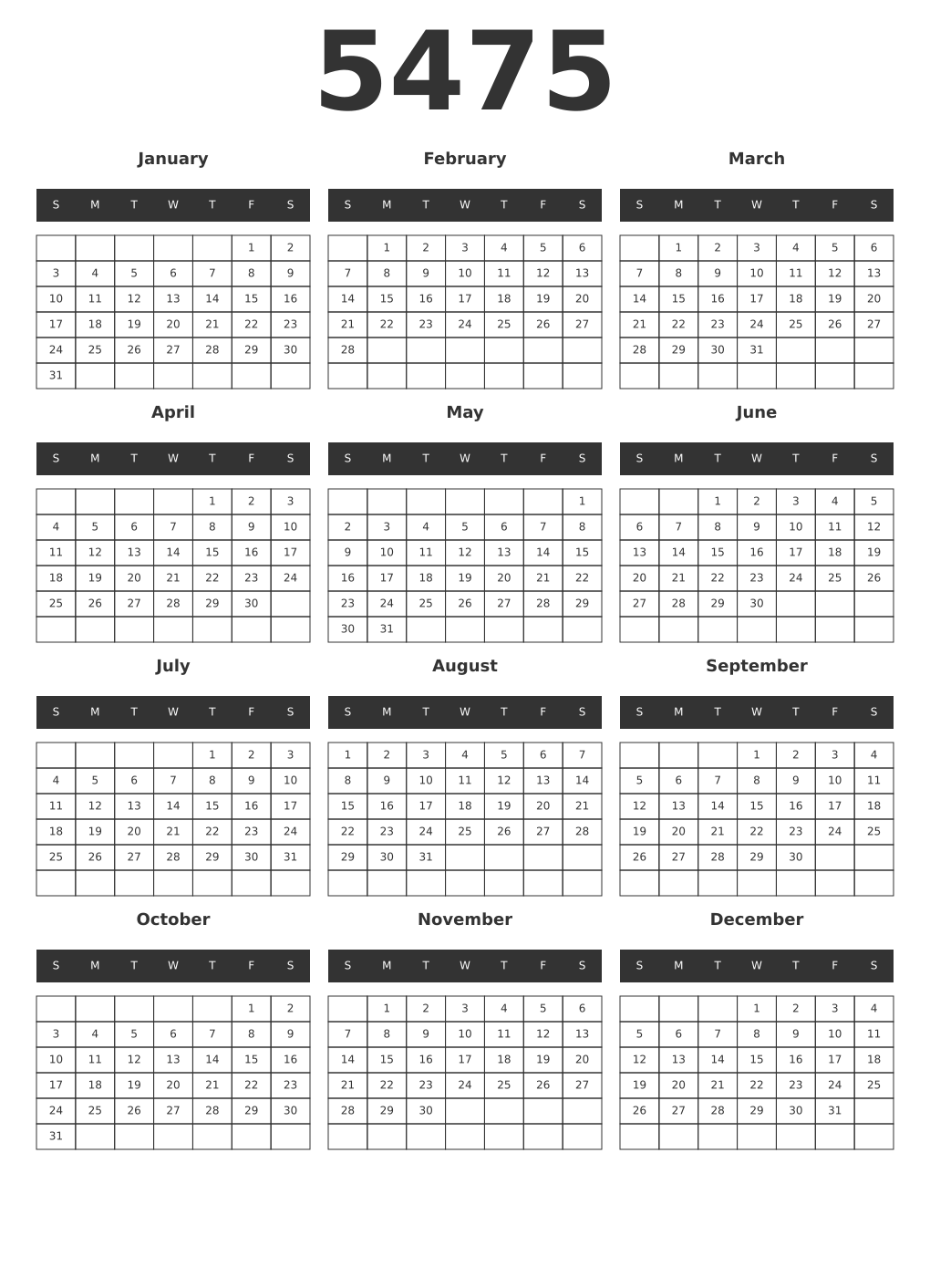Printable 5475 Year Calendars dark