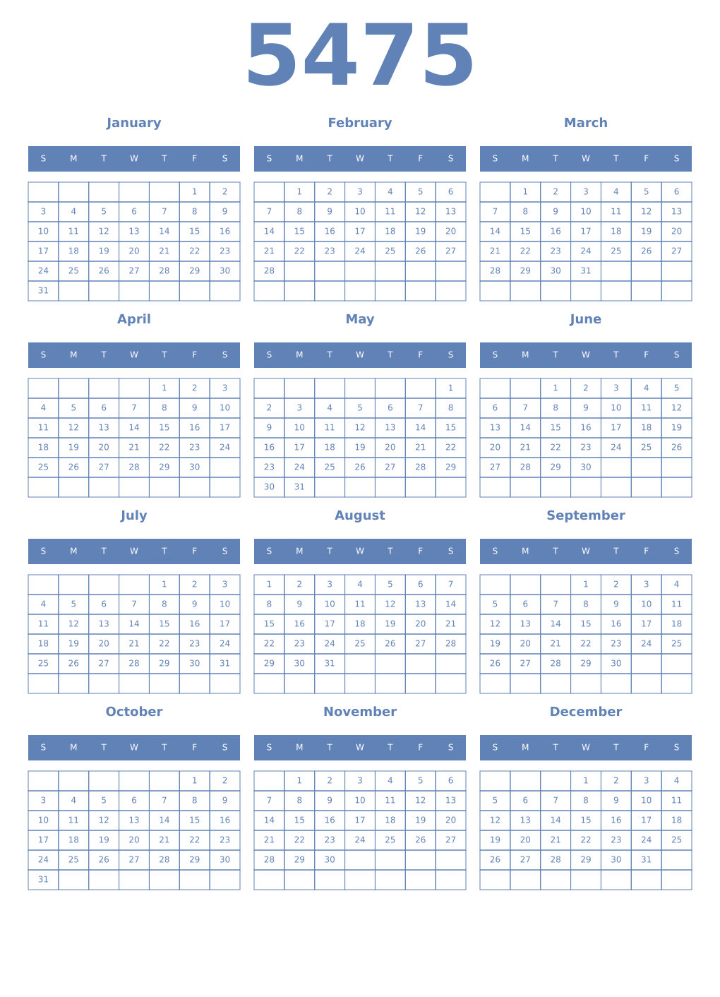 Printable 5475 Year Calendars glaucous
