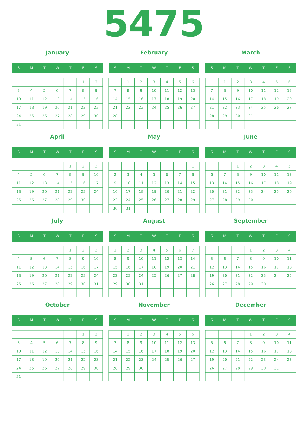 Printable 5475 Year Calendars green