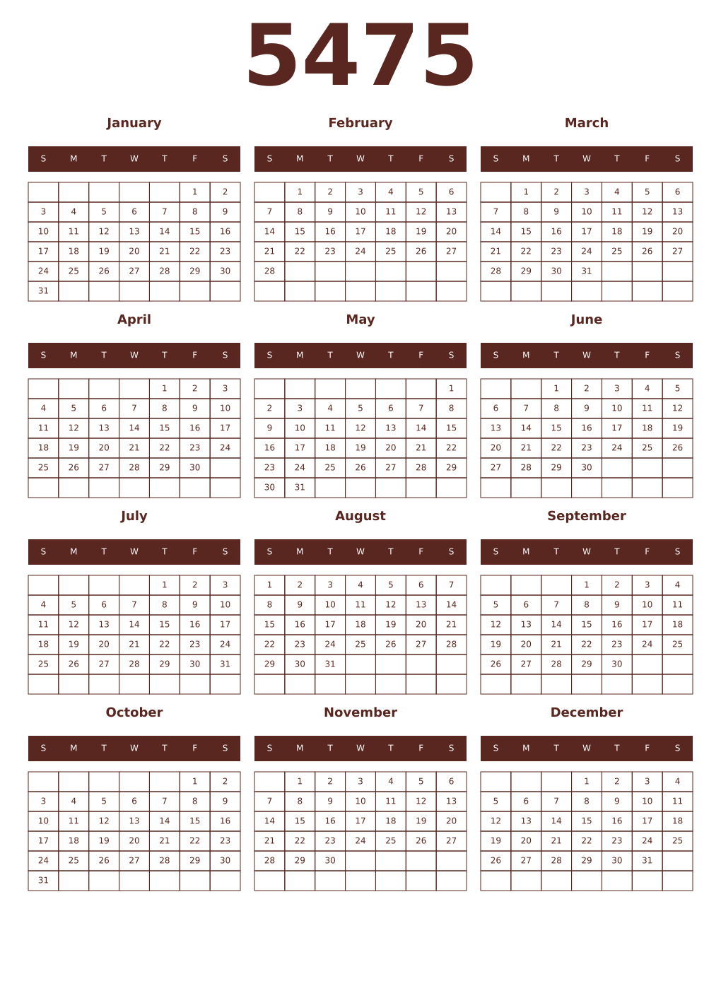 Printable 5475 Year Calendars mortuum
