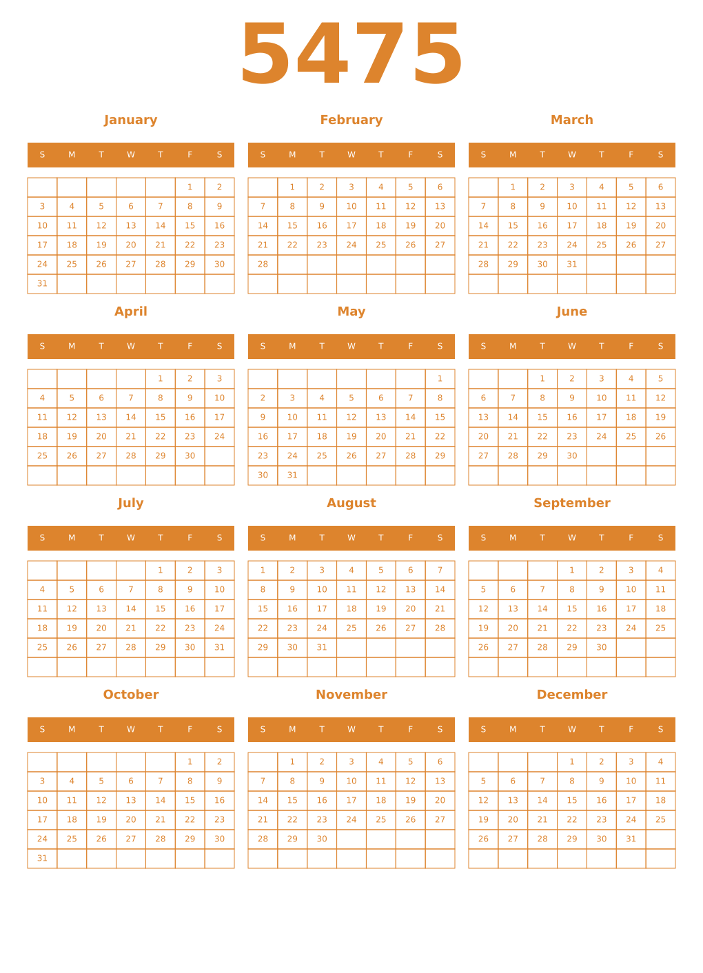 Printable 5475 Year Calendars orange