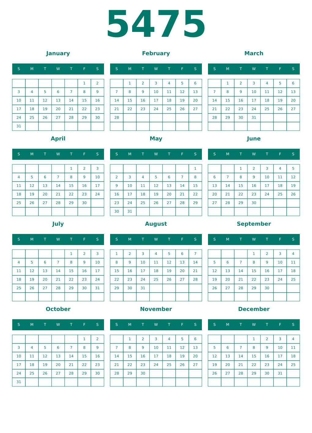 Printable 5475 Year Calendars pastel