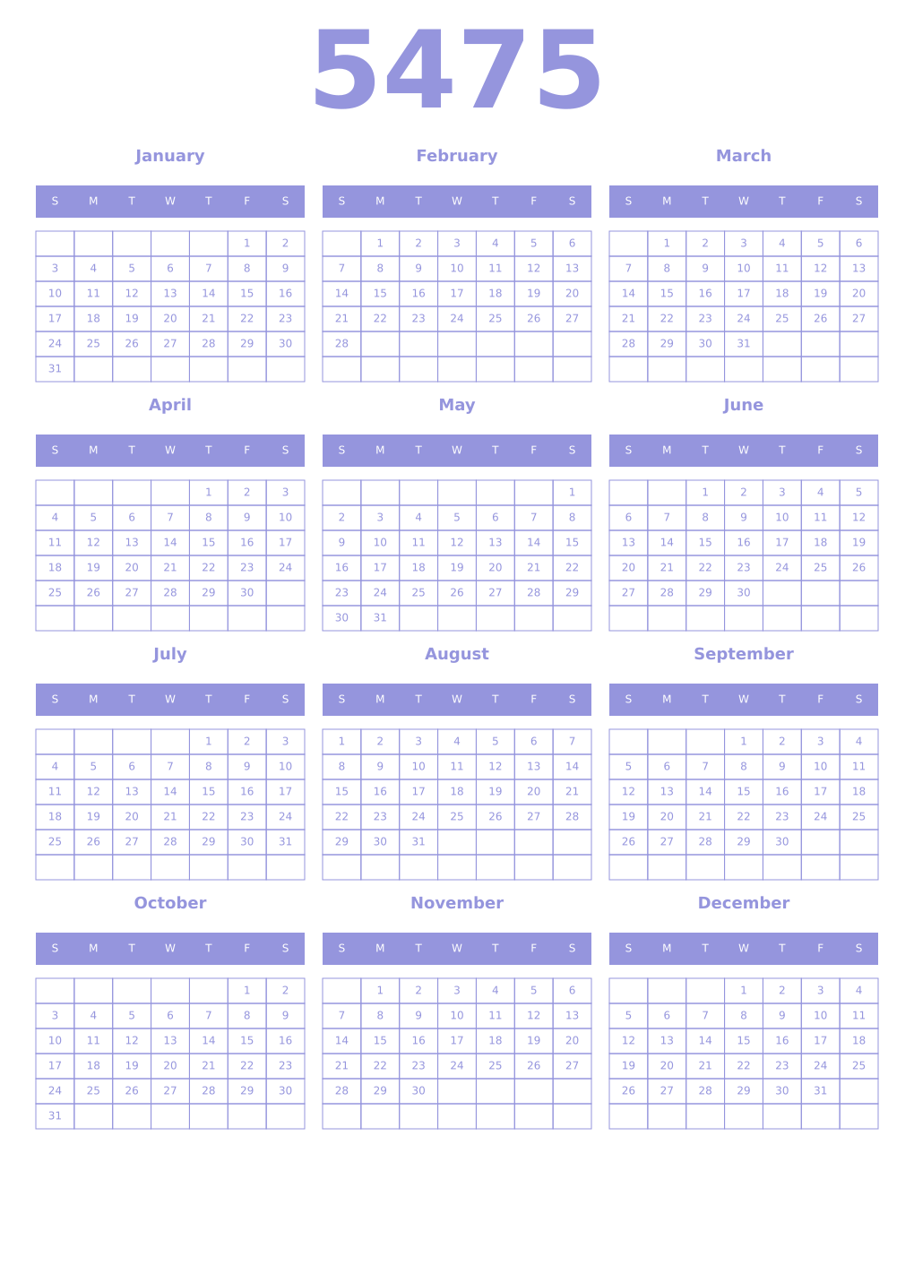 Printable 5475 Year Calendars periwinkle