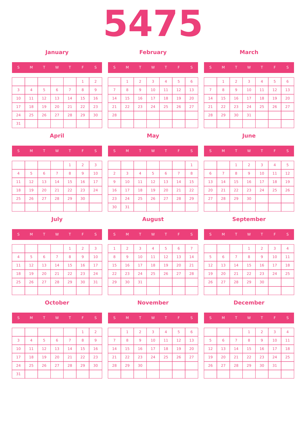 Printable 5475 Year Calendars pink