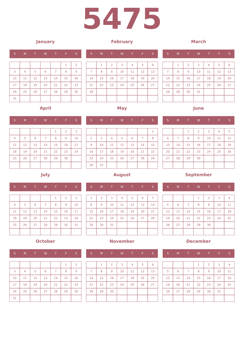Printable 5475 Year Calendars puce