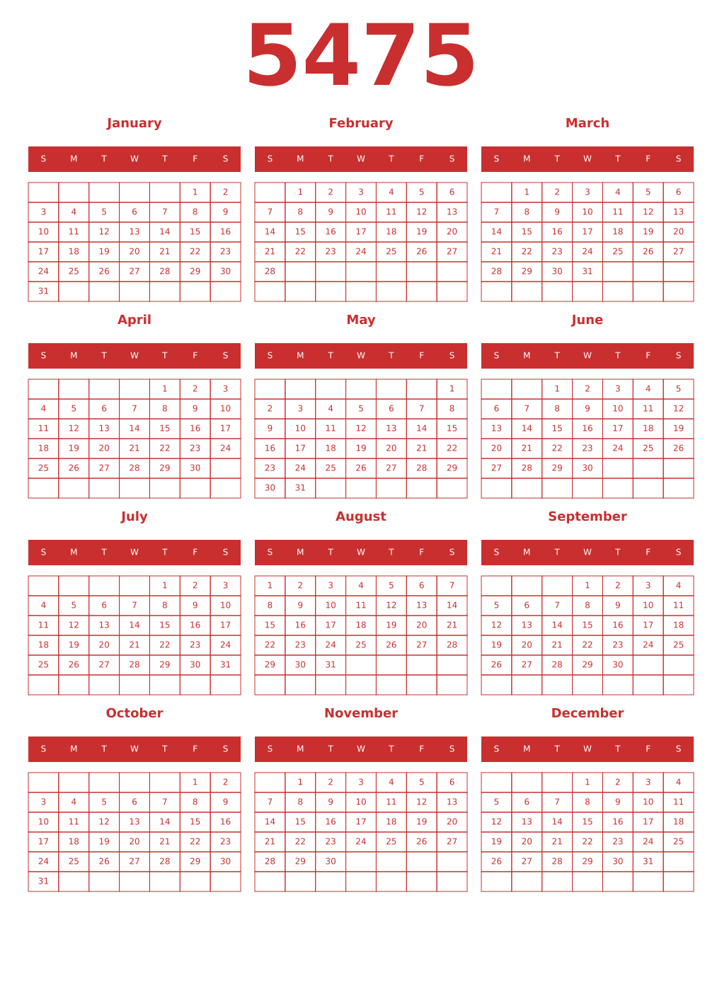 Printable 5475 Year Calendars red
