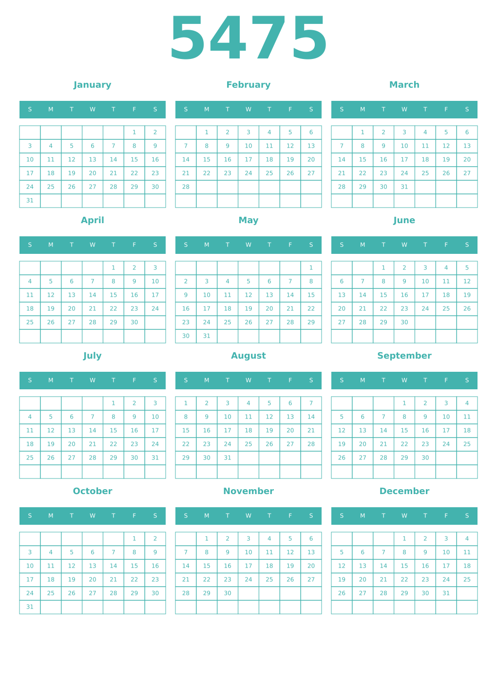 Printable 5475 Year Calendars verdigris