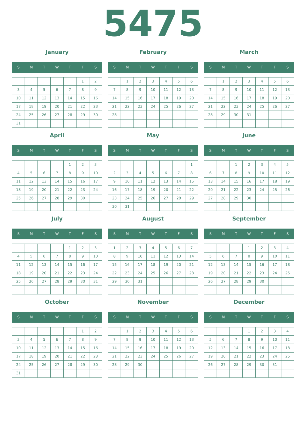 Printable 5475 Year Calendars viridian
