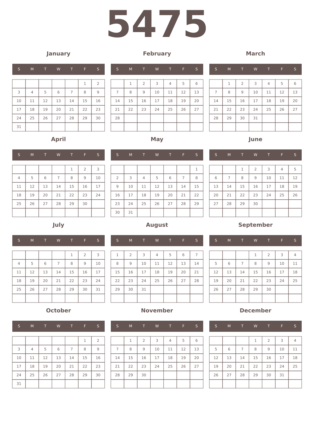 Printable 5475 Year Calendars wenge