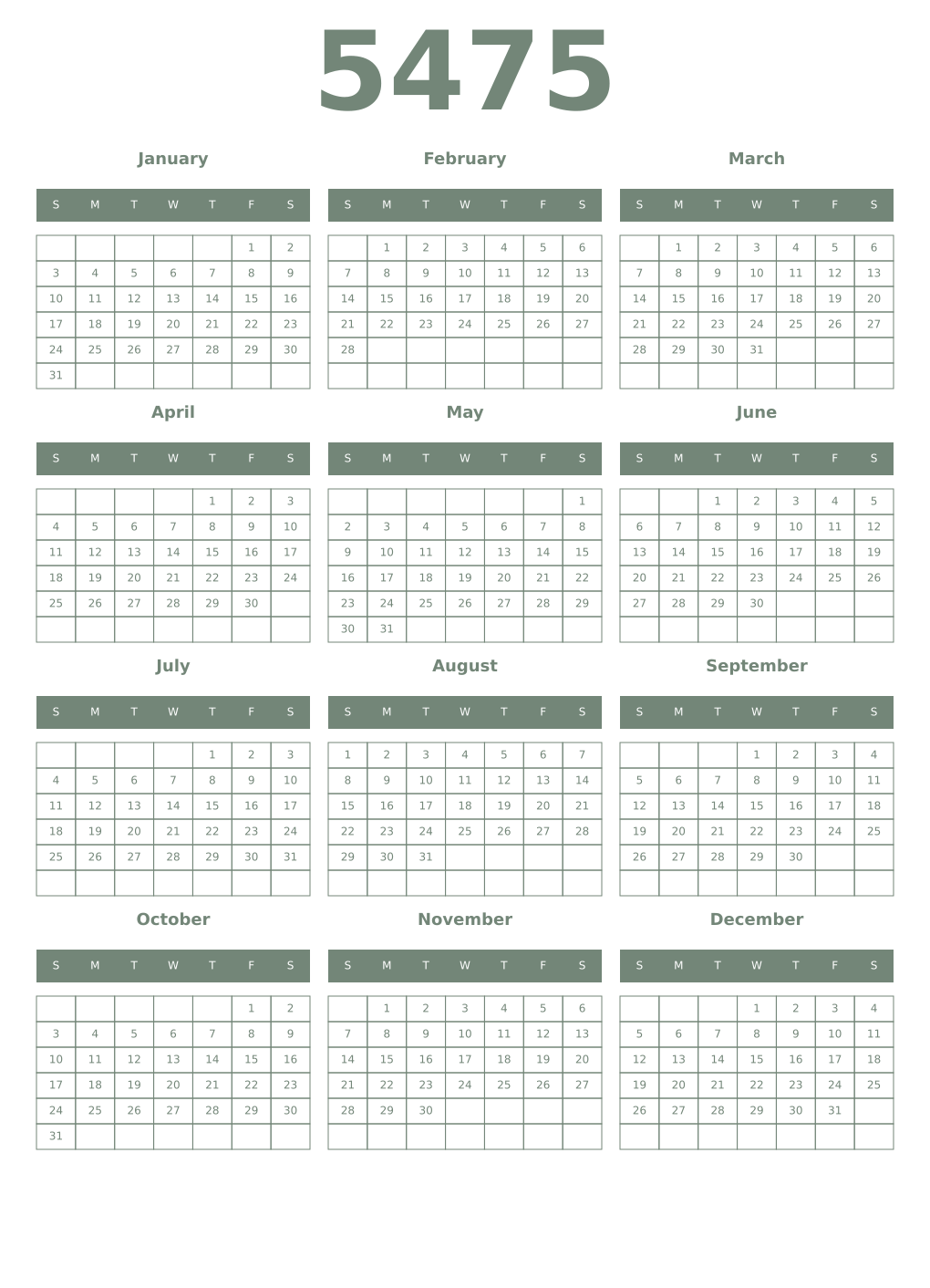 Printable 5475 Year Calendars xanadu