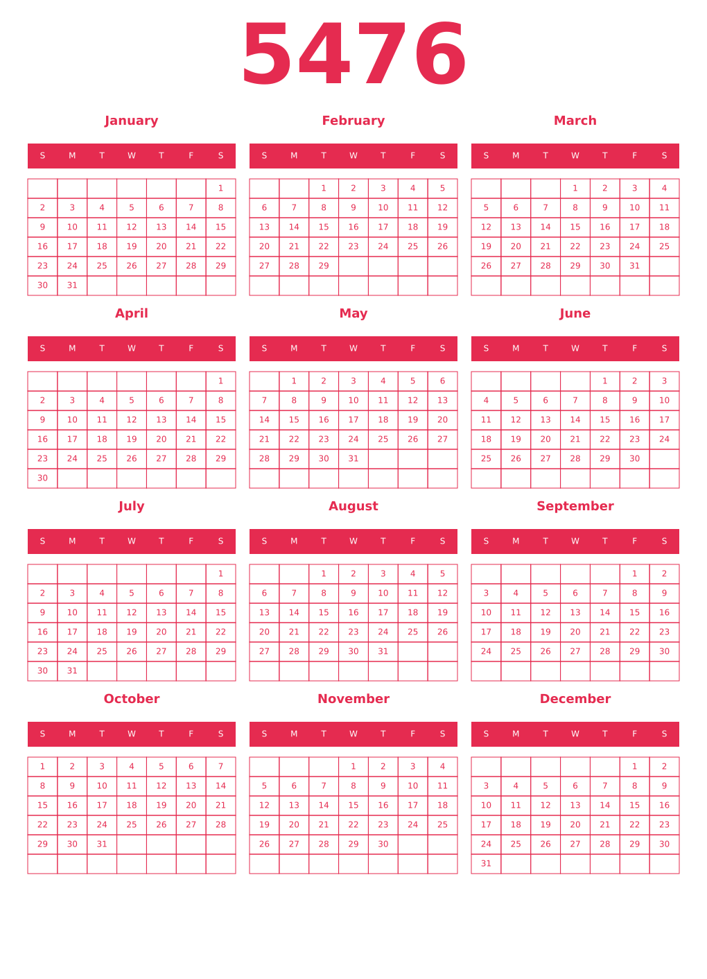 Printable 5476 Year Calendars amaranth