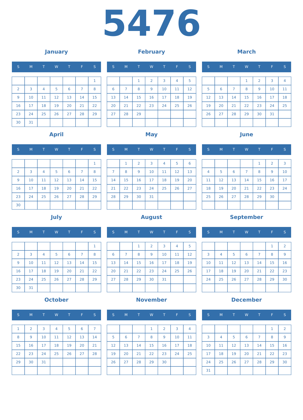 Printable 5476 Year Calendars blue