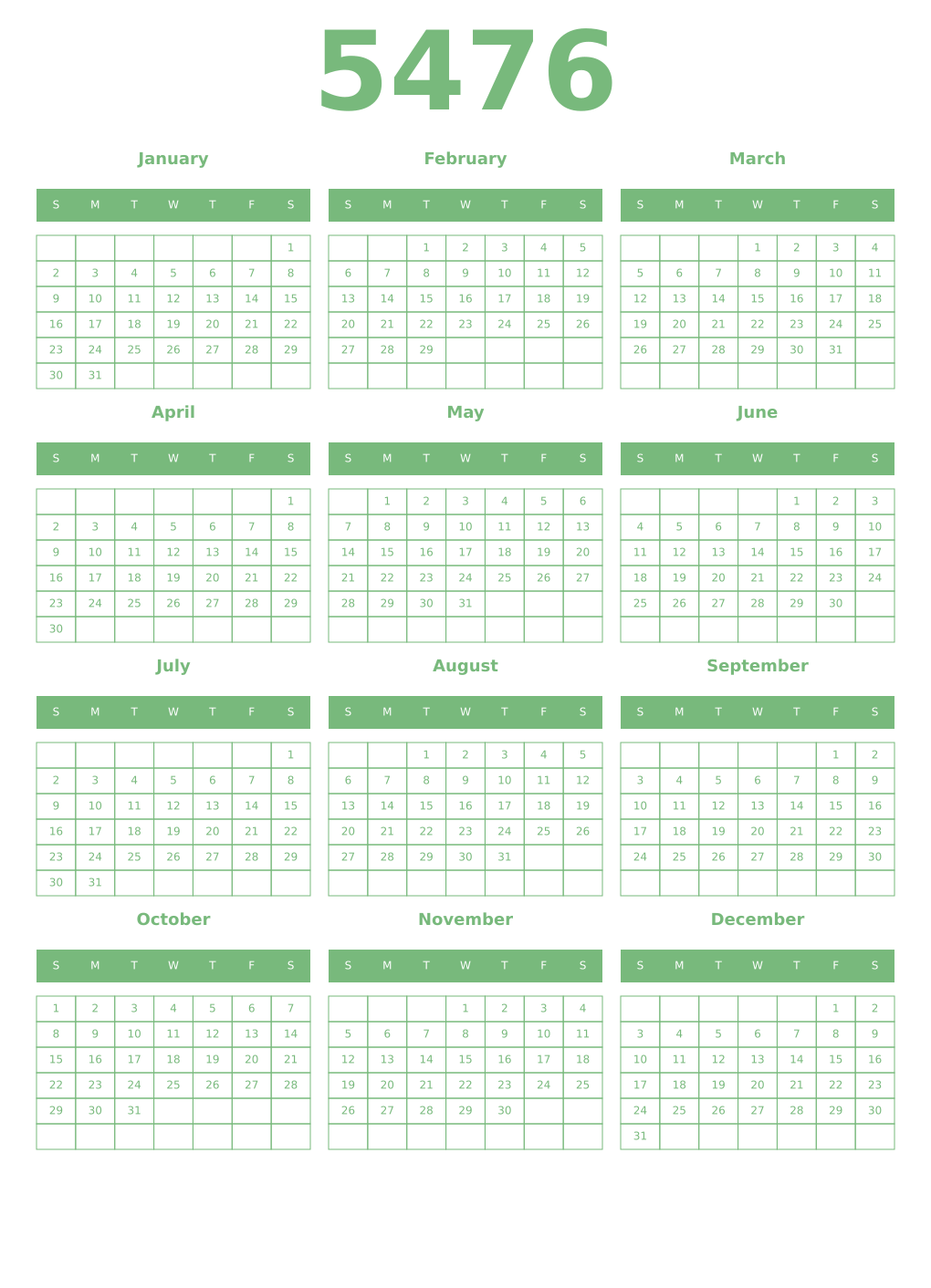 Printable 5476 Year Calendars celadon