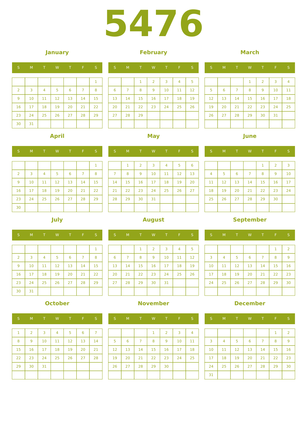 Printable 5476 Year Calendars chartreuse