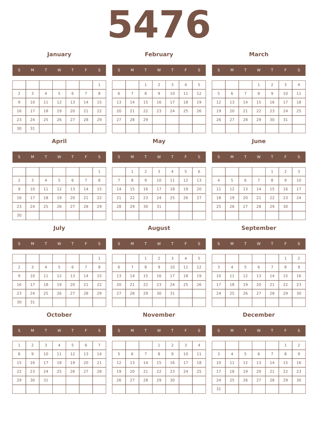Printable 5476 Year Calendars coffe