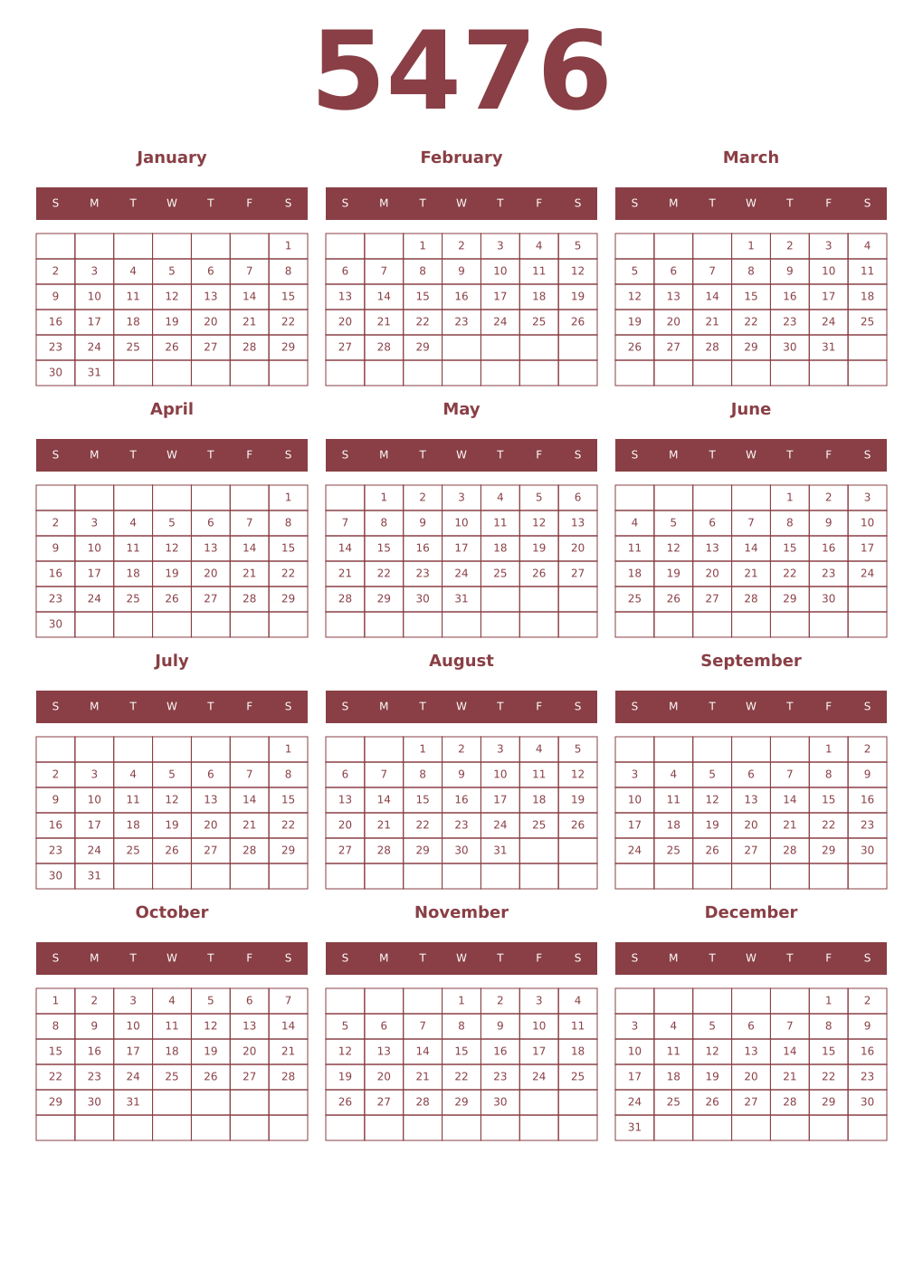 Printable 5476 Year Calendars cordovan
