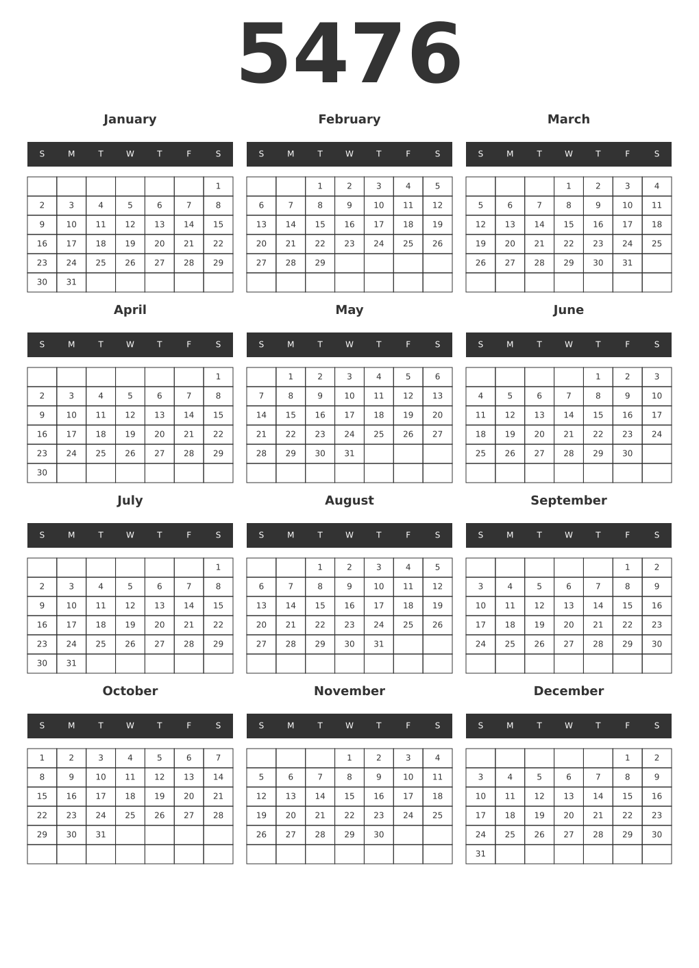 Printable 5476 Year Calendars dark