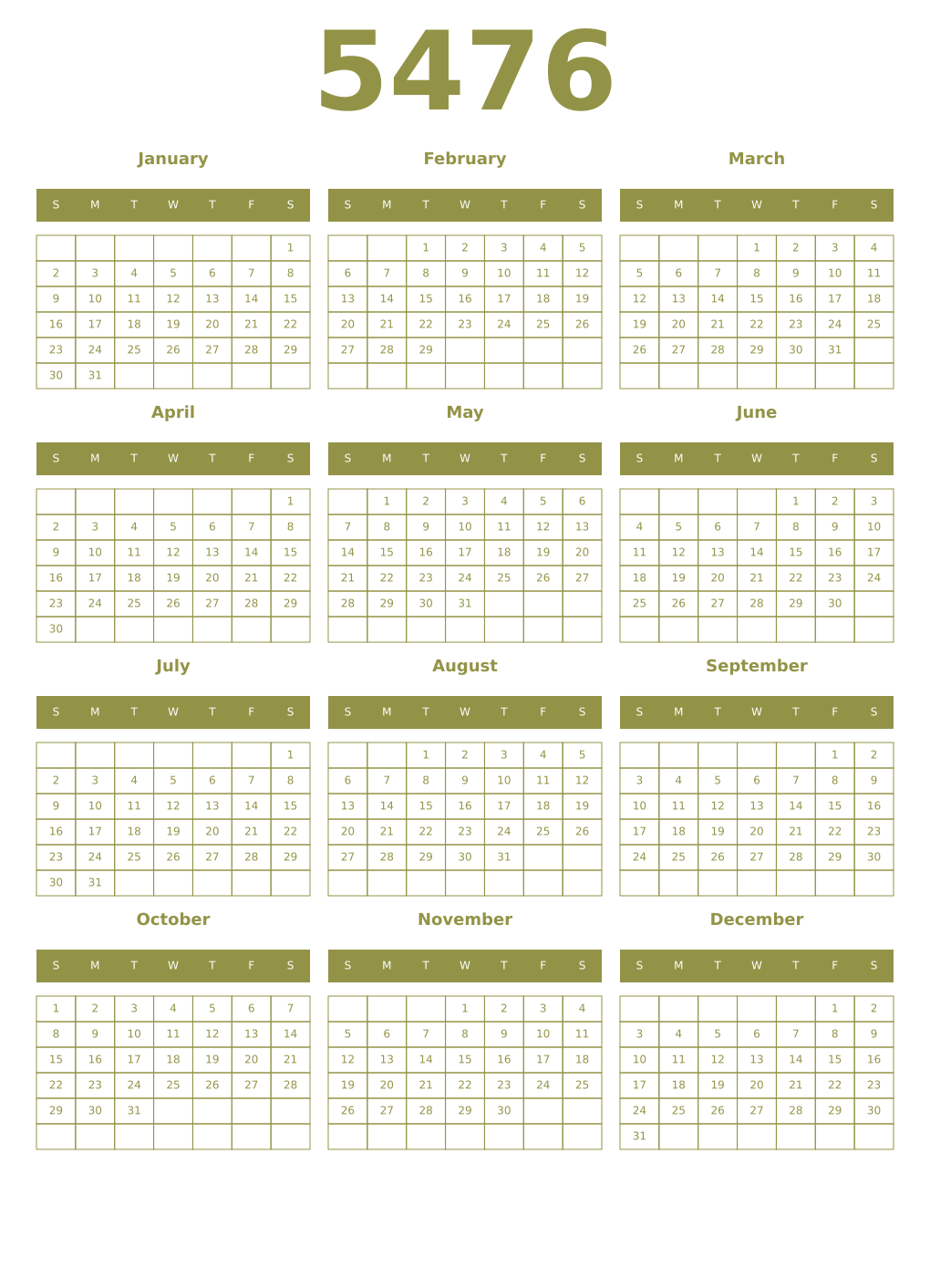 Printable 5476 Year Calendars eburnean