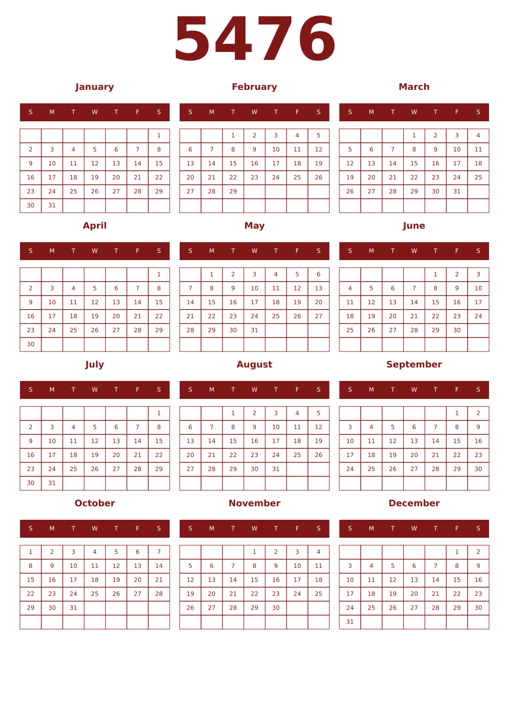 Printable 5476 Year Calendars falu