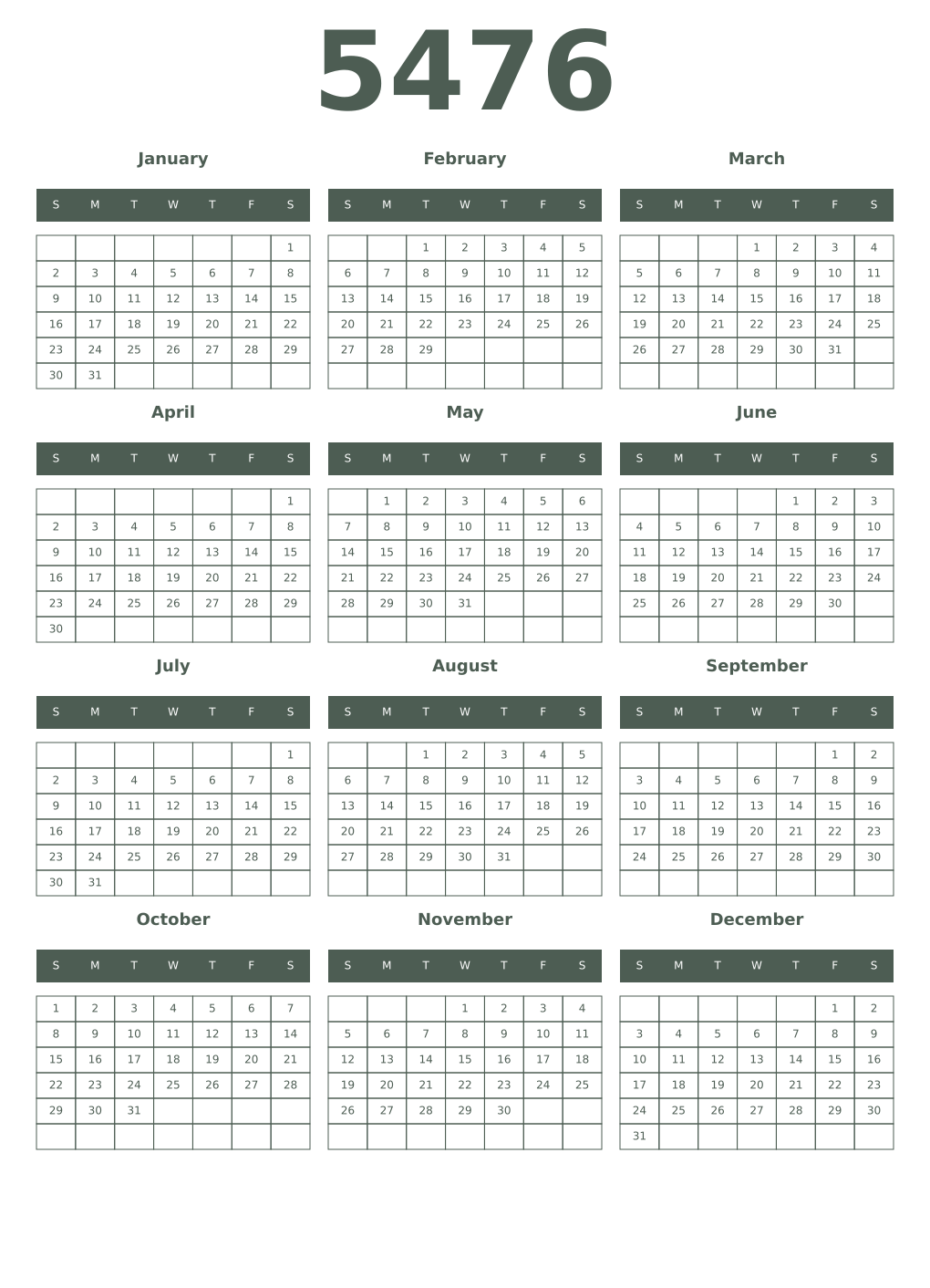 Printable 5476 Year Calendars feldgrau