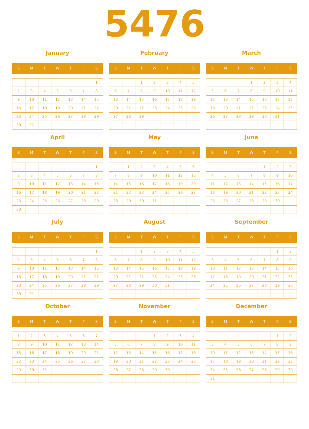 Printable 5476 Year Calendars gamboge