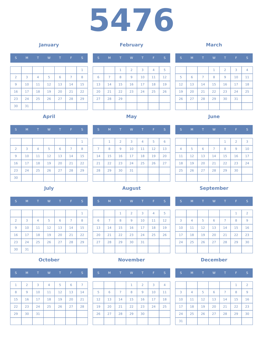 Printable 5476 Year Calendars glaucous