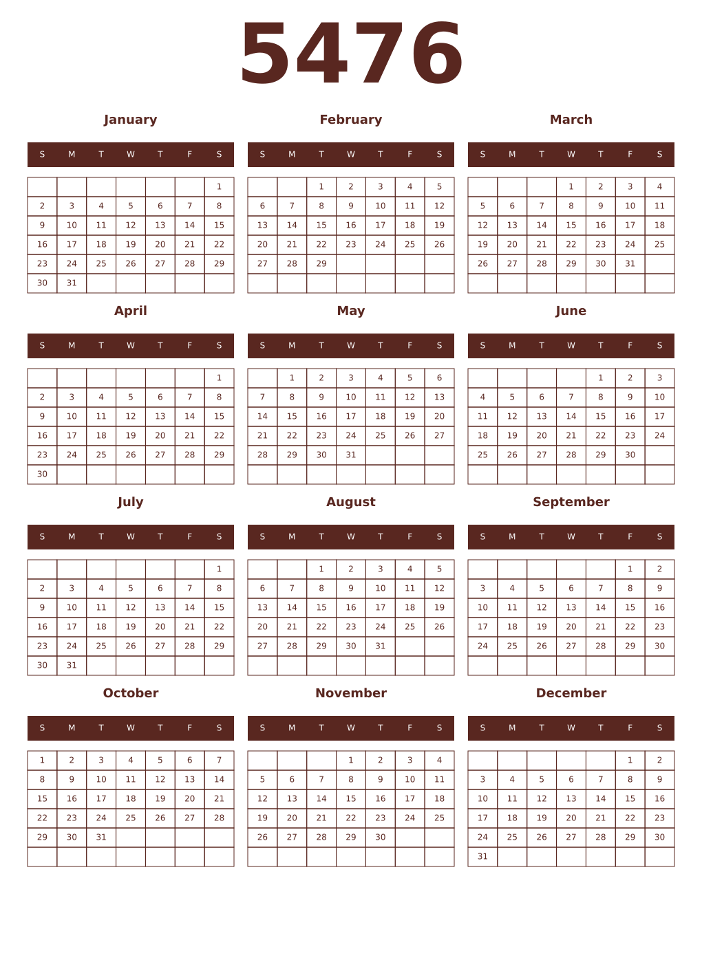 Printable 5476 Year Calendars mortuum