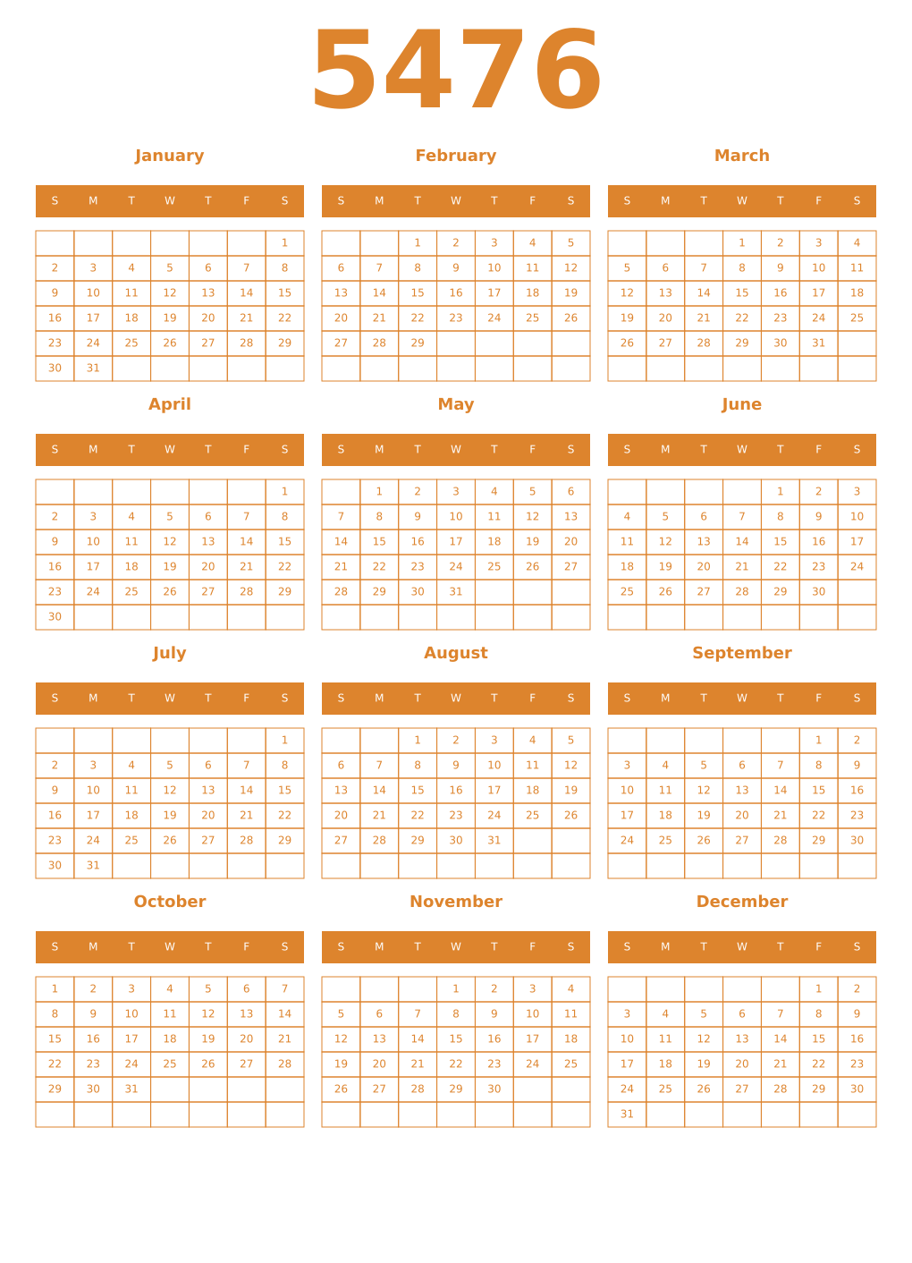 Printable 5476 Year Calendars orange