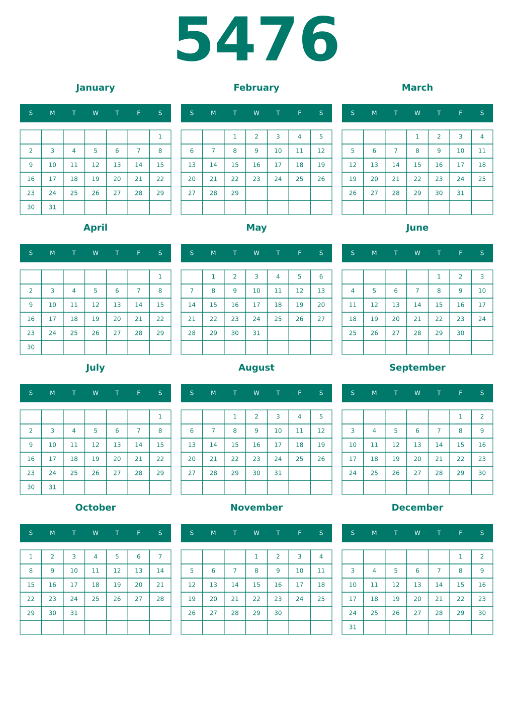Printable 5476 Year Calendars pastel