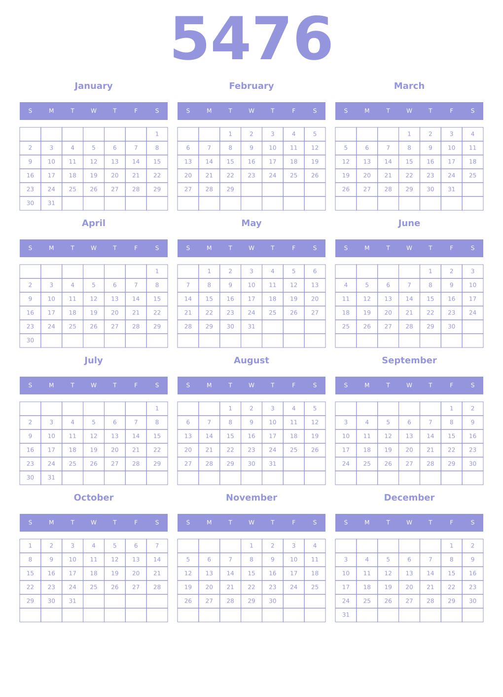 Printable 5476 Year Calendars periwinkle