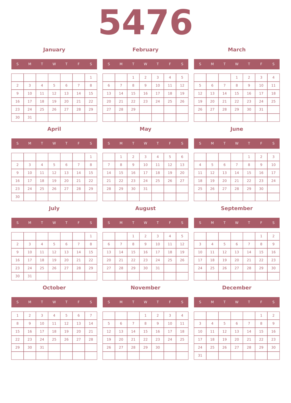 Printable 5476 Year Calendars puce