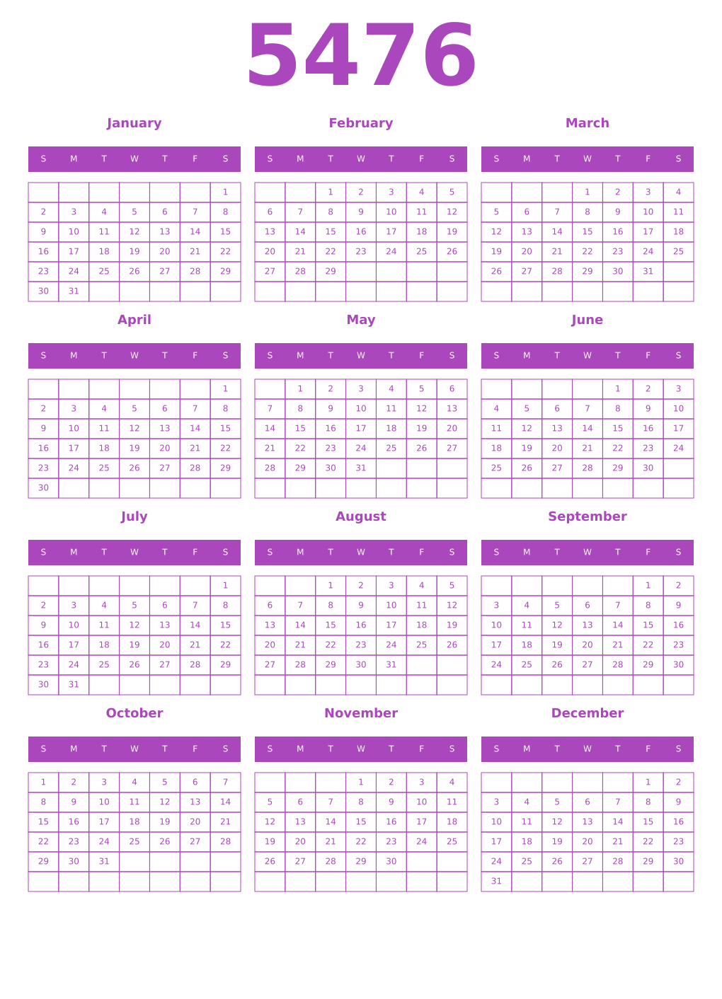 Printable 5476 Year Calendars purple