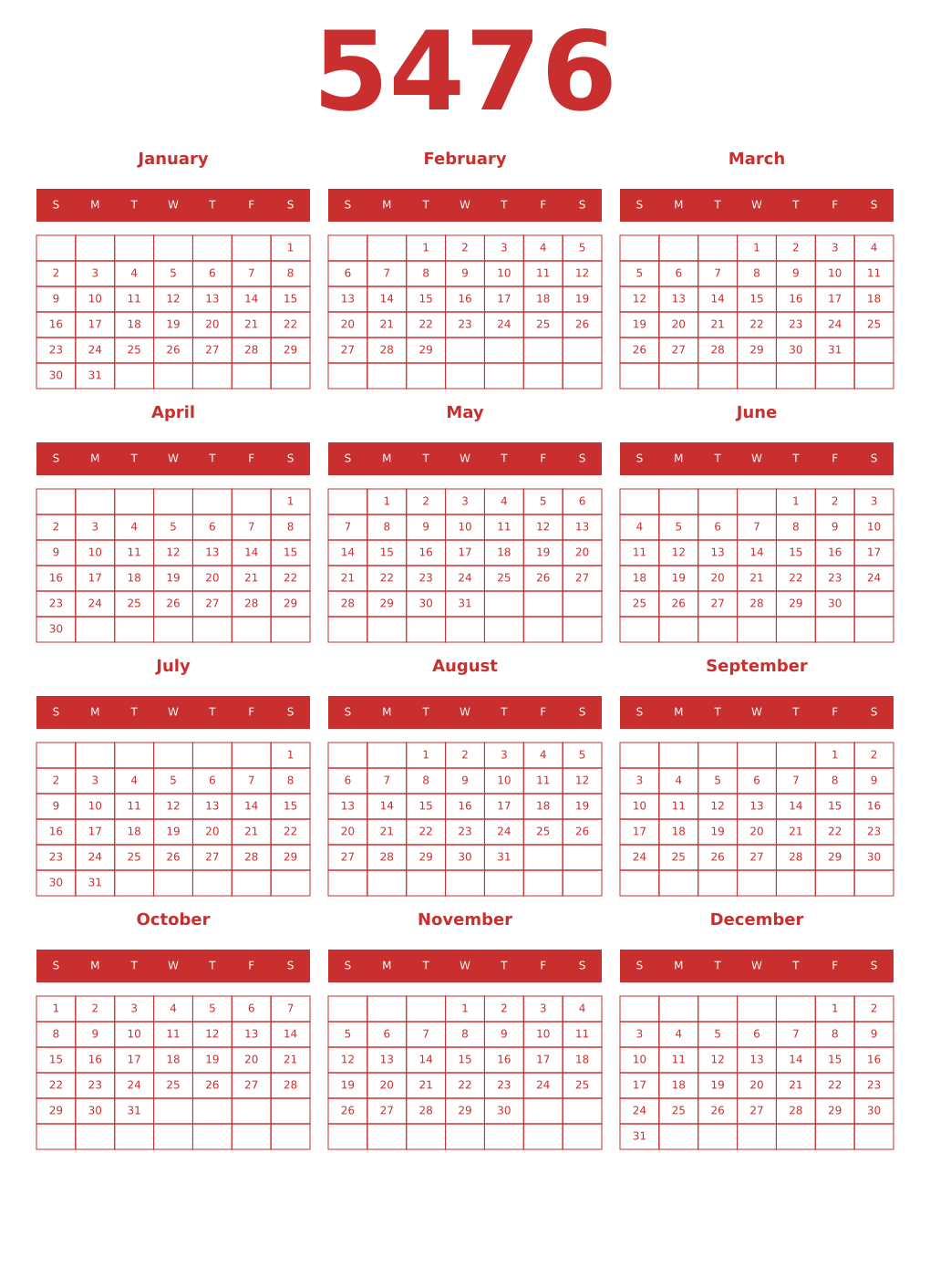 Printable 5476 Year Calendars red