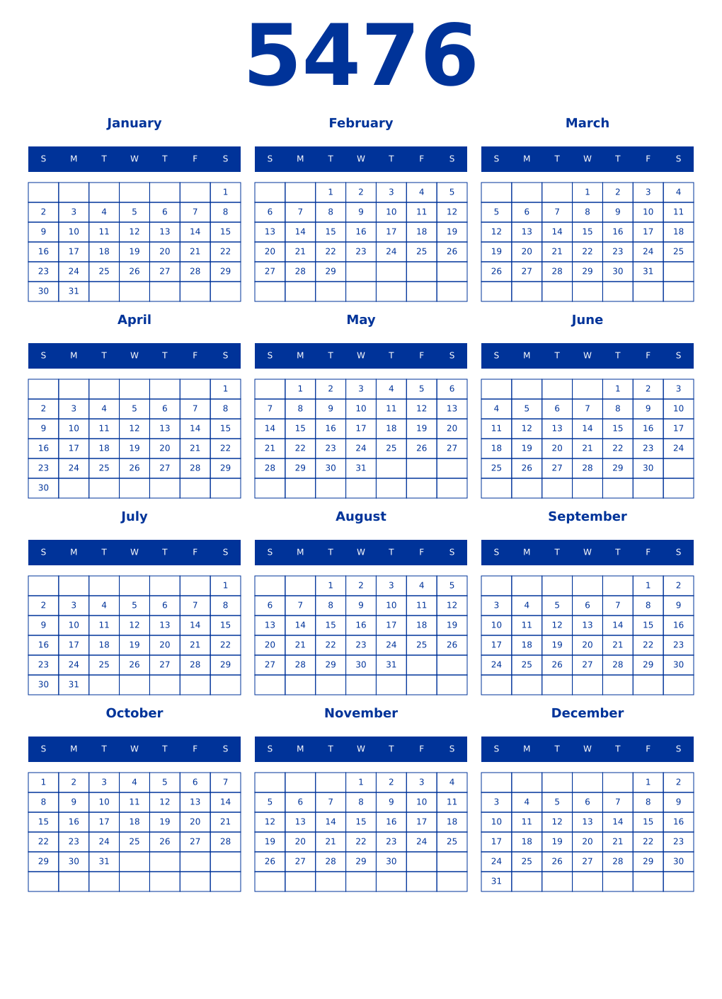 Printable 5476 Year Calendars smalt
