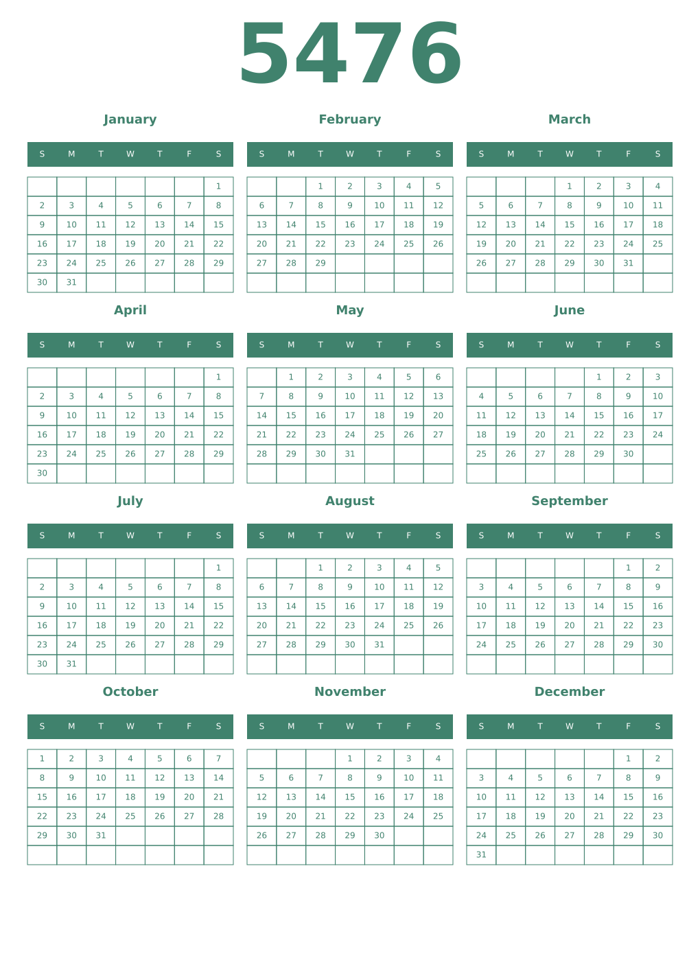 Printable 5476 Year Calendars viridian