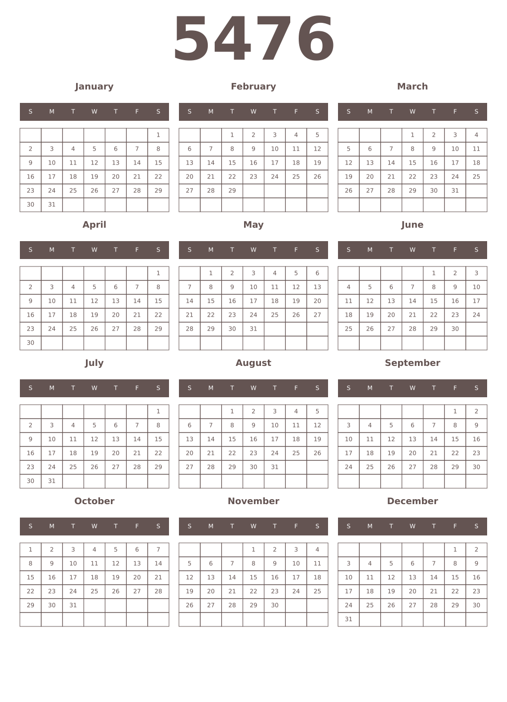 Printable 5476 Year Calendars wenge