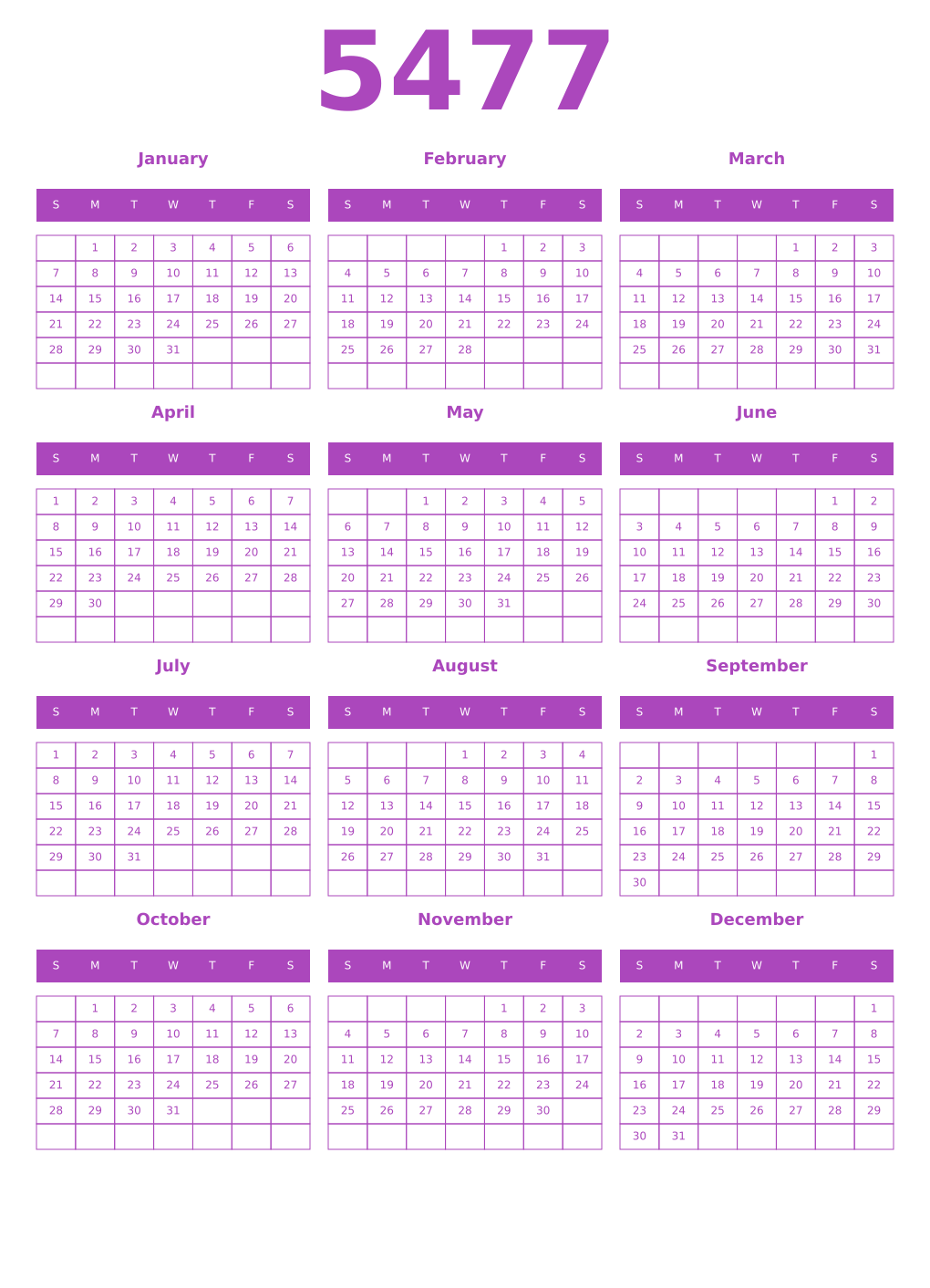 Printable 5477 Calendars