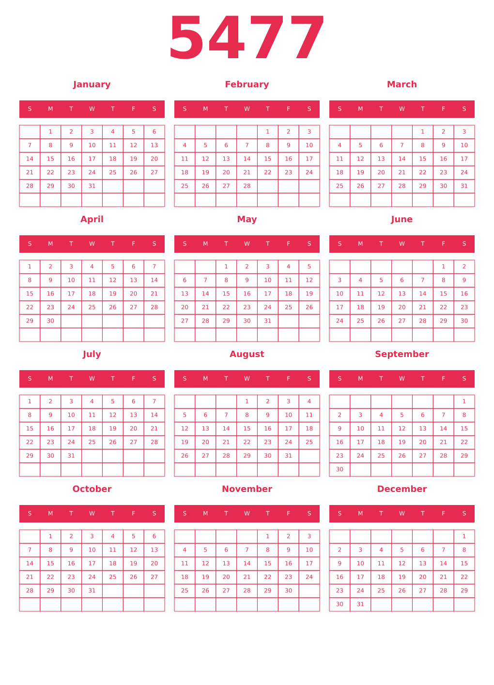 Printable 5477 Year Calendars amaranth