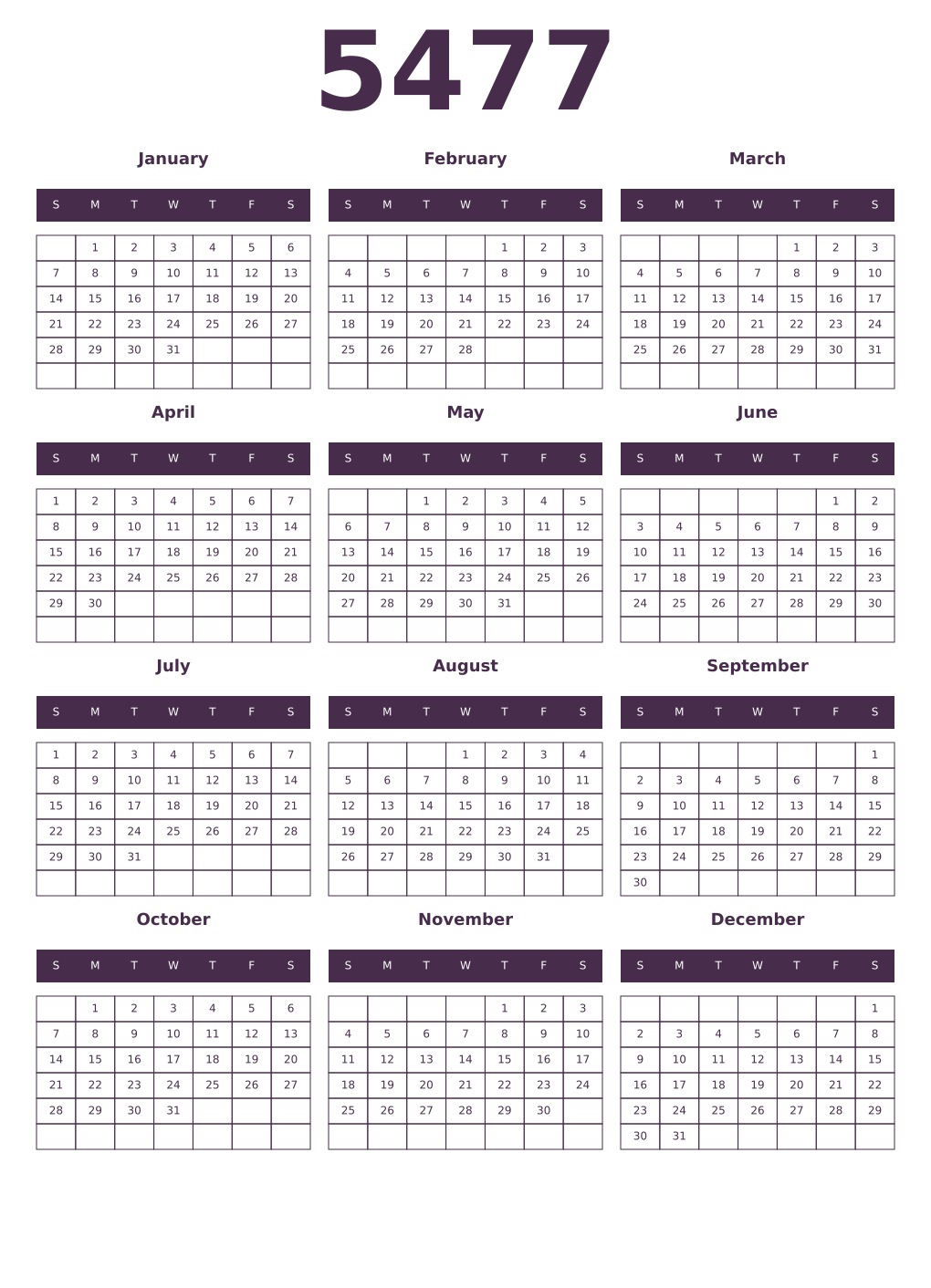 Printable 5477 Year Calendars aubergine