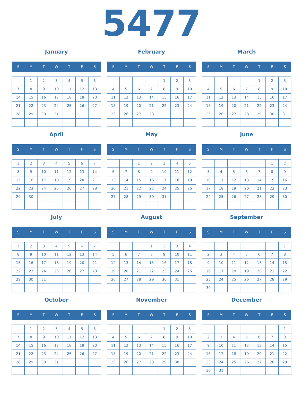 Printable 5477 Year Calendars blue