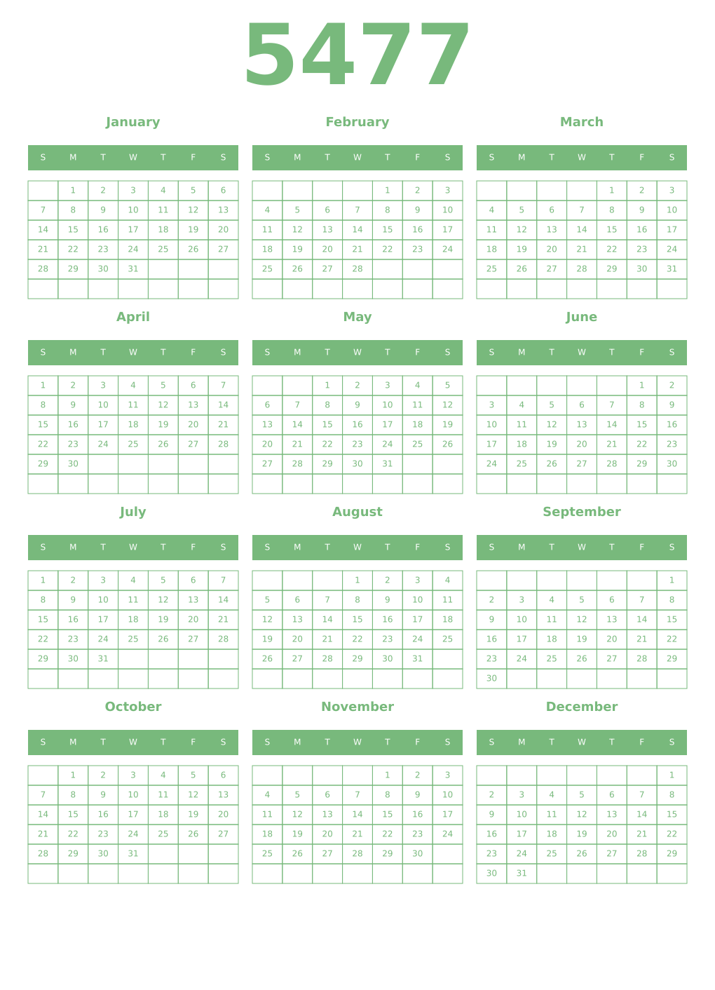 Printable 5477 Year Calendars celadon