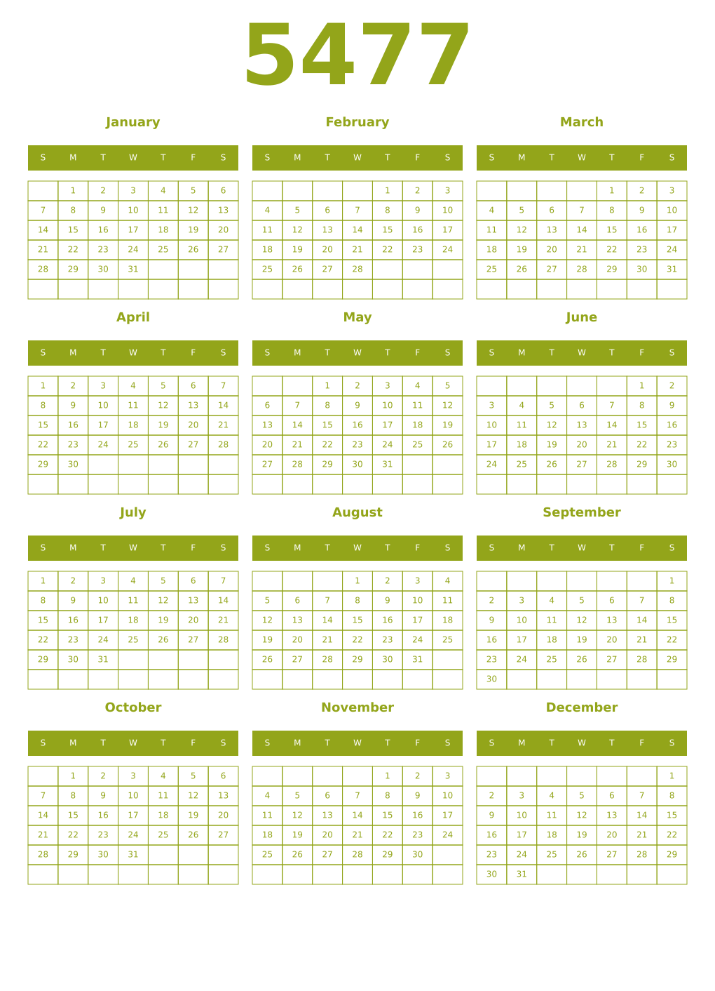 Printable 5477 Year Calendars chartreuse