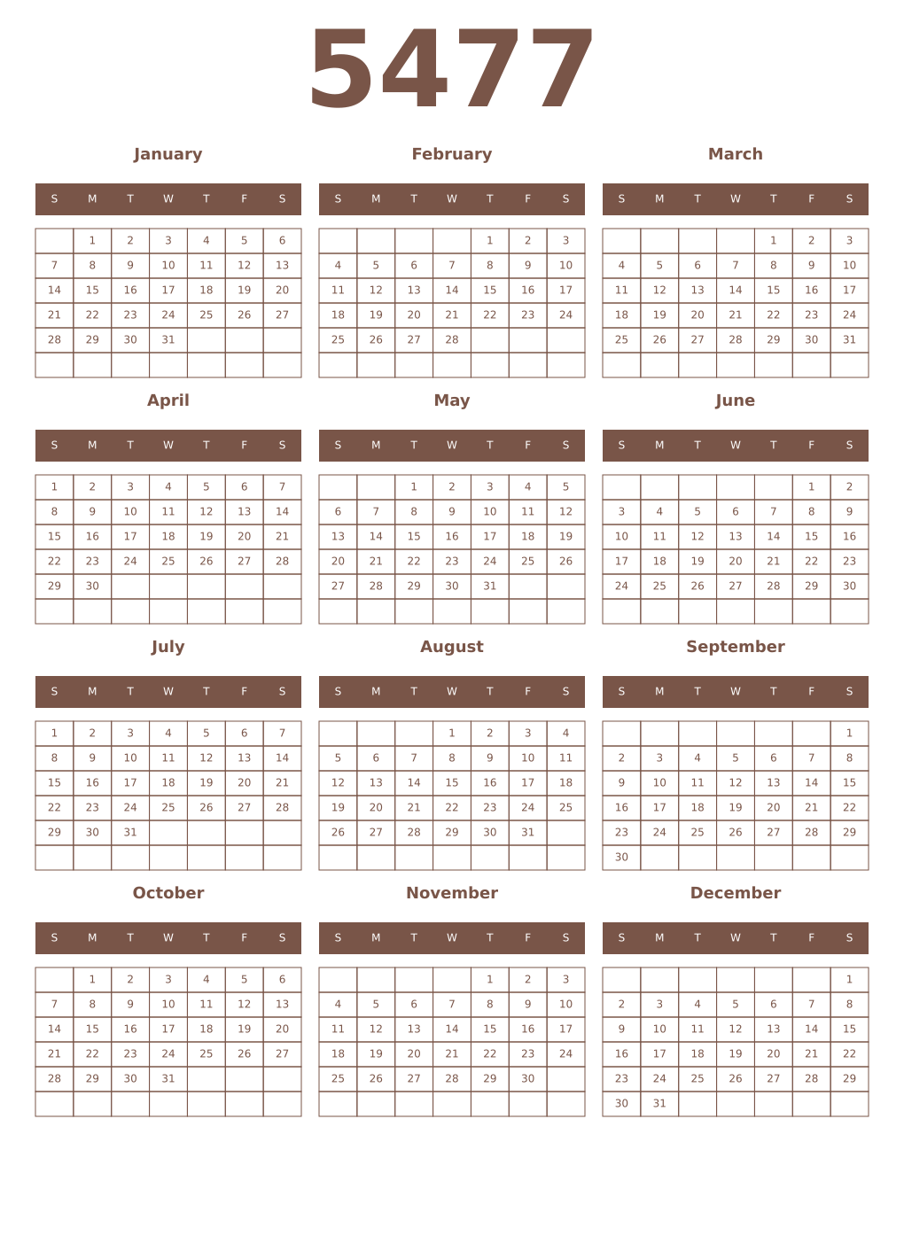 Printable 5477 Year Calendars coffe