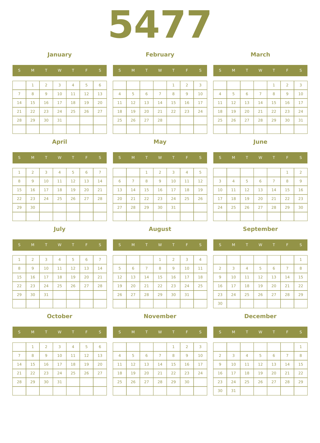 Printable 5477 Year Calendars eburnean