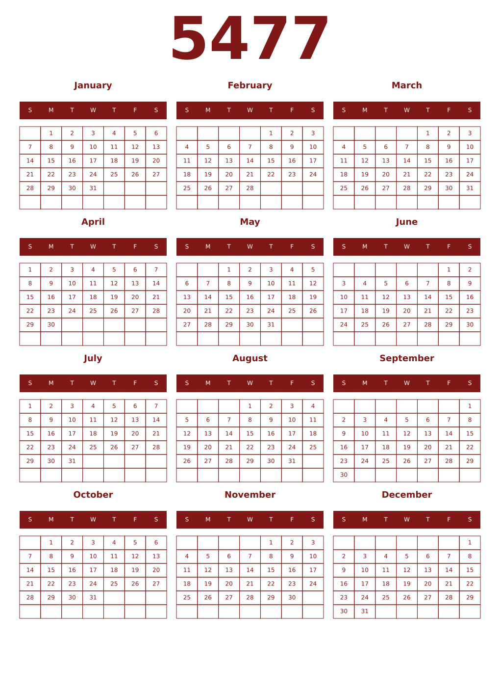 Printable 5477 Year Calendars falu