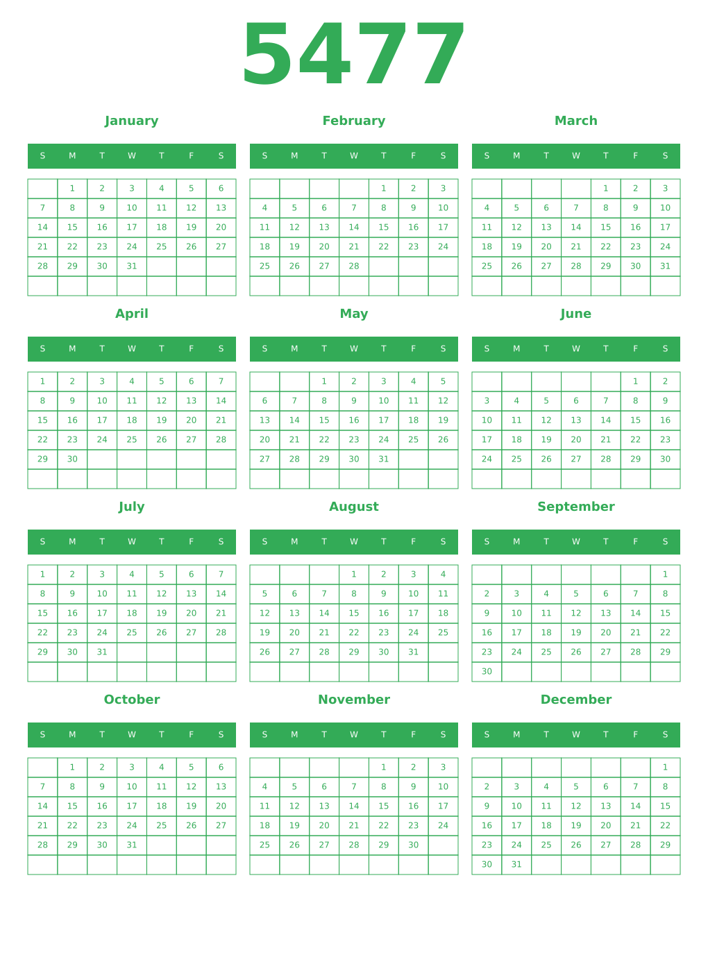 Printable 5477 Year Calendars green
