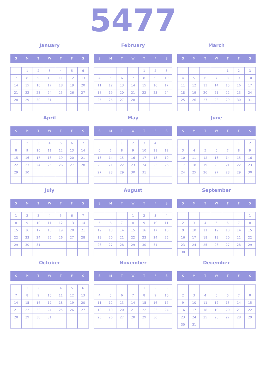Printable 5477 Year Calendars periwinkle
