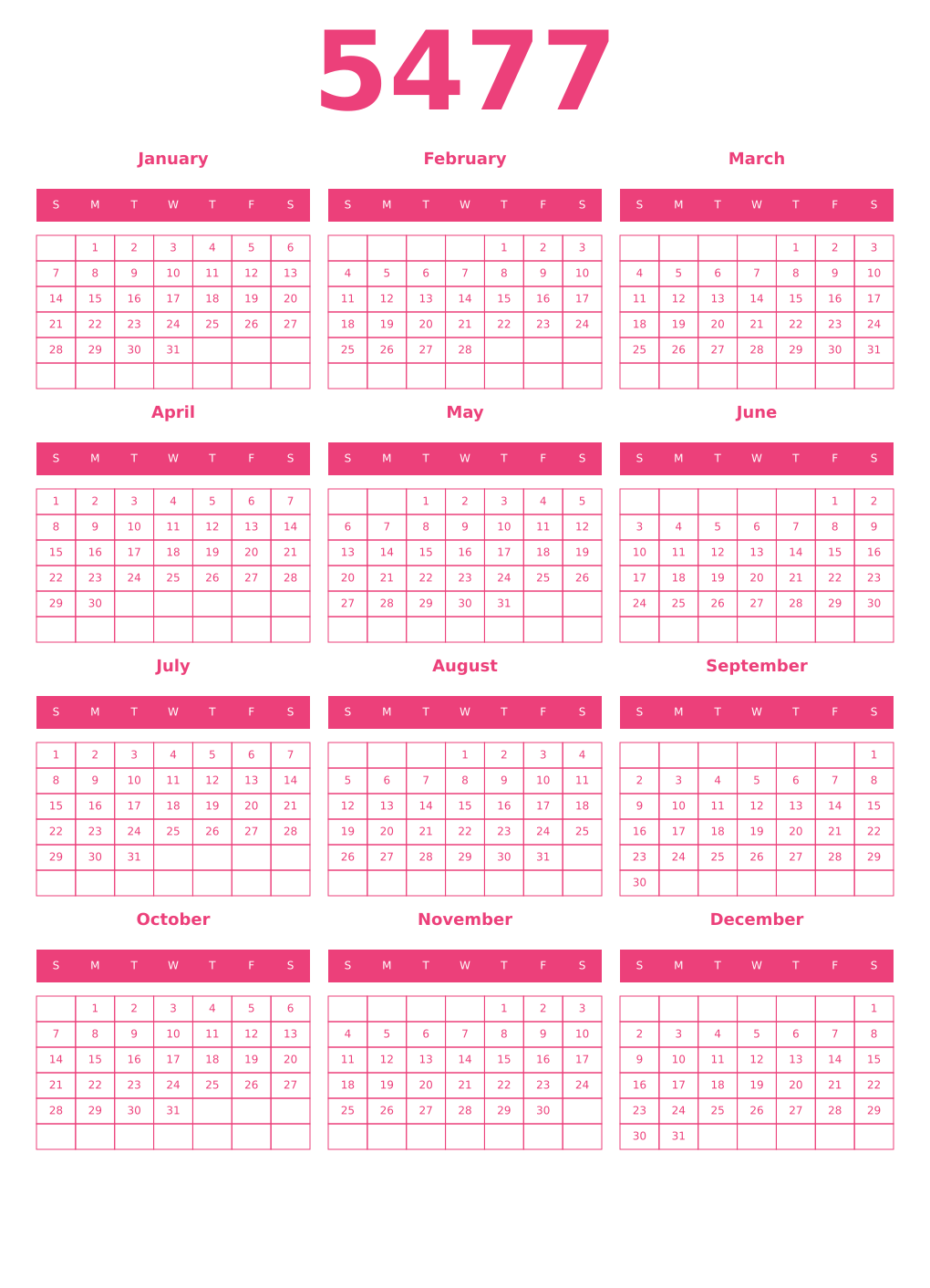 Printable 5477 Year Calendars pink