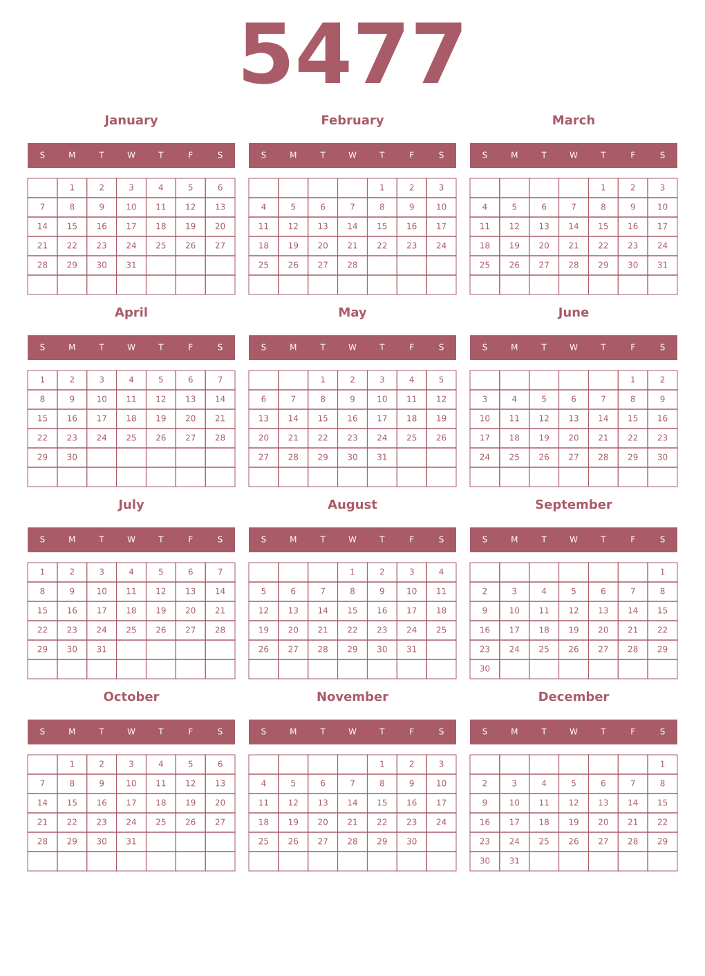 Printable 5477 Year Calendars puce