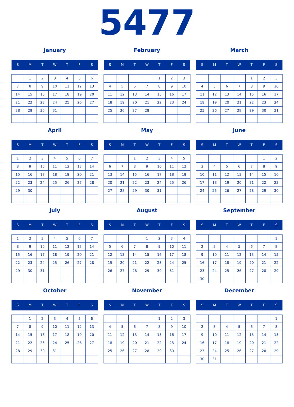 Printable 5477 Year Calendars smalt